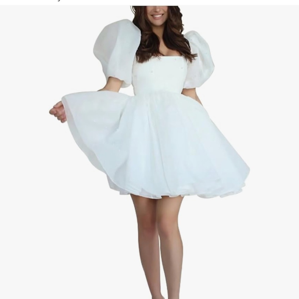 New Elegant White Puff Sleeve Dress